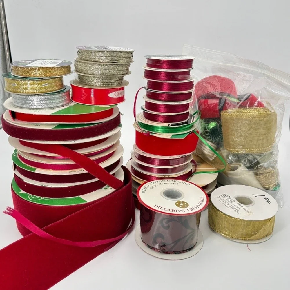 Christmas Ribbon Lot Vintage Offray Dillards Velvet Satin Metallic Spools